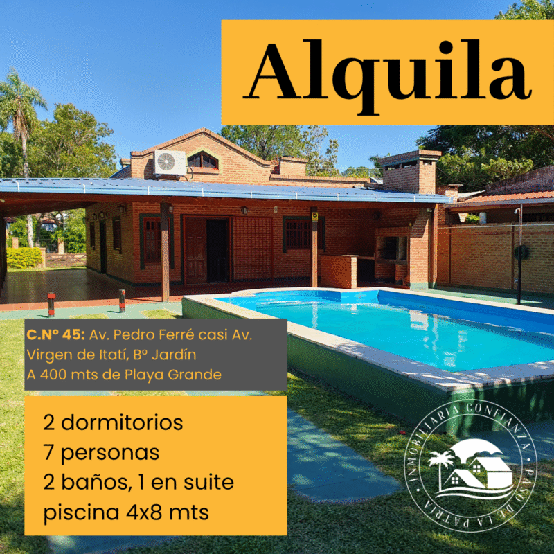 C.N° 45: Para 7 personas con piscina, a 400 mts de Playa Grande