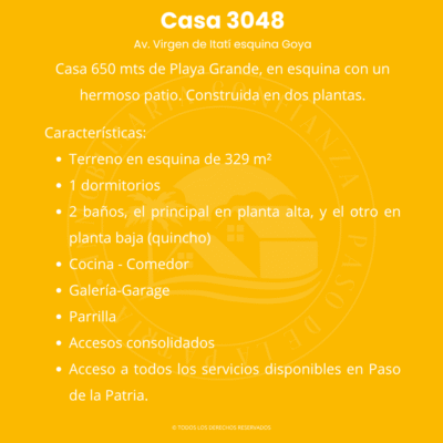 C.N° 3048: Casa de 2 pisos sobre Av. Virgen de Itatí