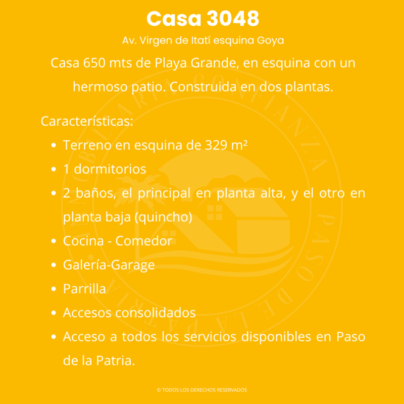 C.N° 3048: Casa de 2 pisos sobre Av. Virgen de Itatí